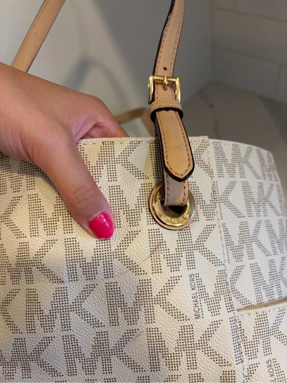 Michael Kors Beige Logo Tote with cream Leather Straps